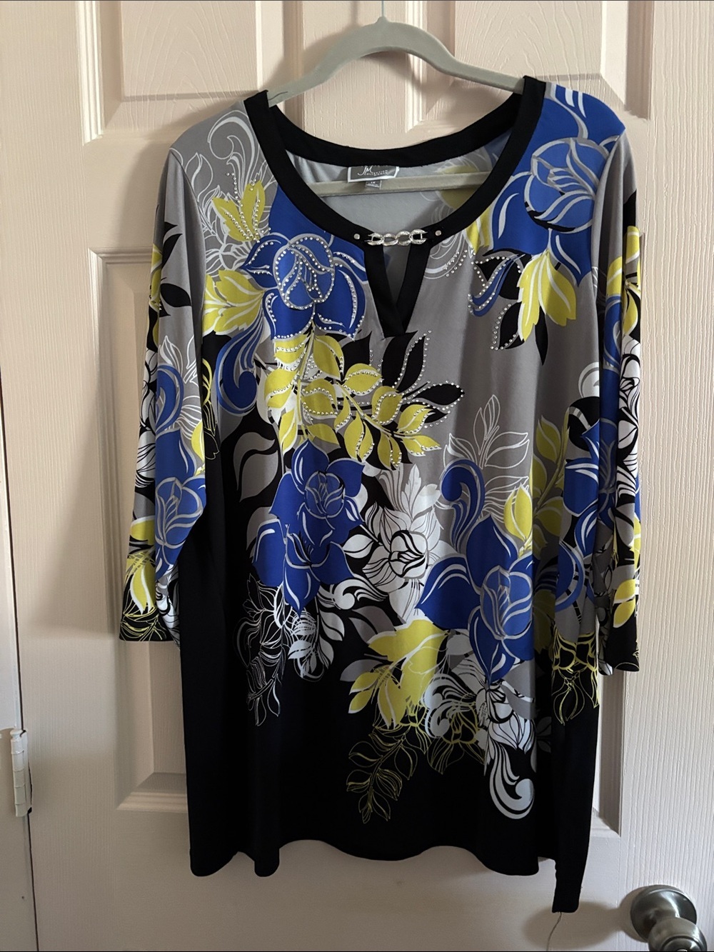 JM Collection Blue Yellow Gray Floral Jewel-Neck Tunic